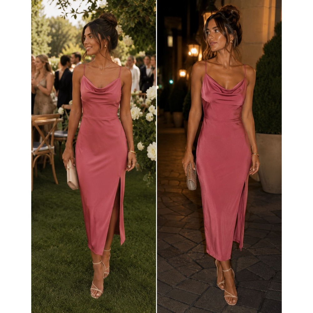 Windsor Midi Dress Dusty Rose Cowl Neck Side Slit Formal Size M NWT